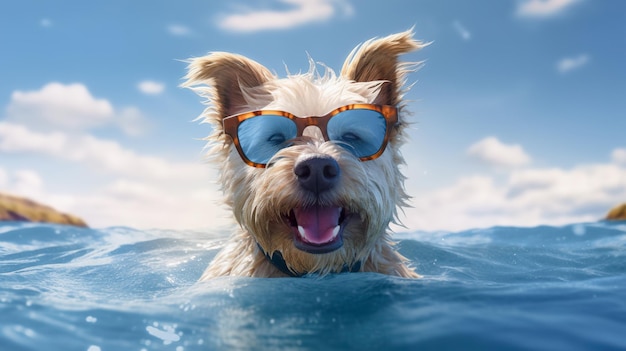 Happy cheerful dog swims in the sea