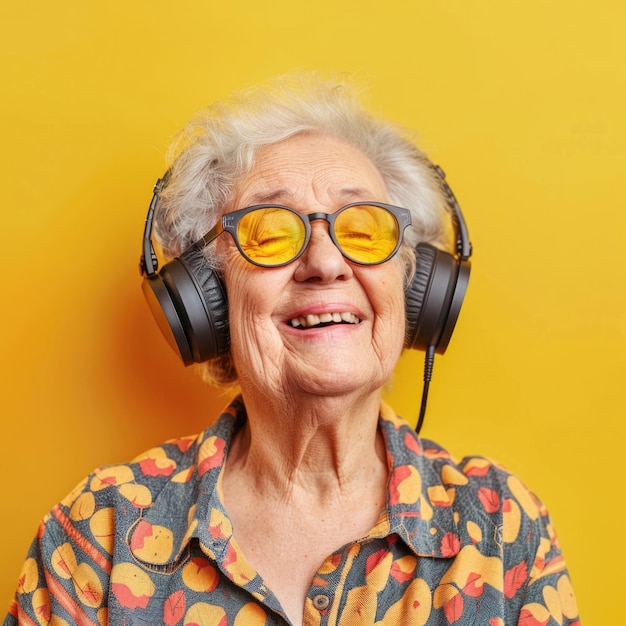 Happy and cheerful elderly woman wearing headphones listens to music on a colorful background