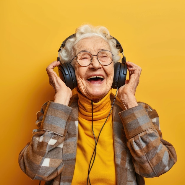 Happy and cheerful elderly woman wearing headphones listens to music on a yellow background