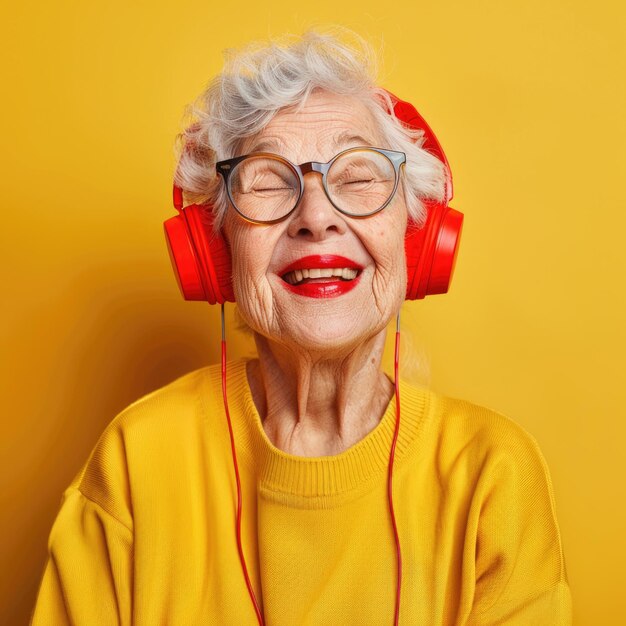 Happy and cheerful elderly woman wearing red headphones listens to music on a yellow background