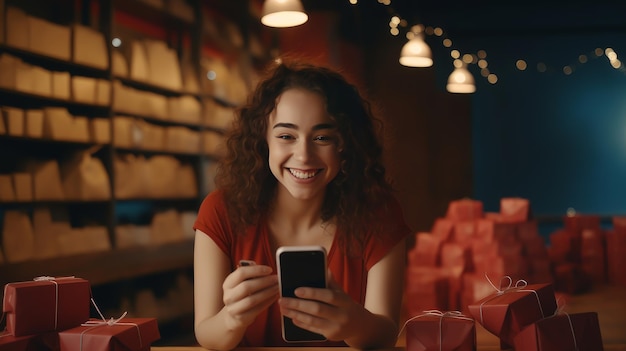 A happy and cheerful girl pays in a shopping center with a mobile phone through an application on