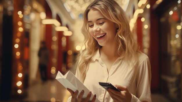幸せで陽気な女の子がショッピングセンターで携帯電話でアプリケーションで支払います