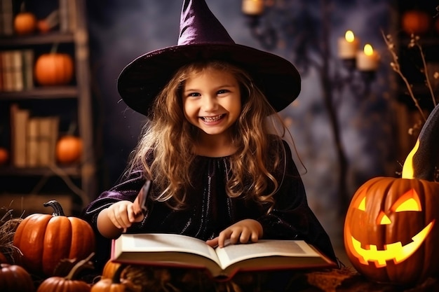 Happy cheerful little girl dressed as a witch or an evil sorceress in makeup is having fun at the Halloween celebration Festive costume Jack lantern