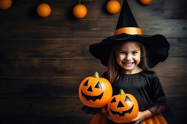 Happy cheerful little girl dressed as a witch or an evil sorceress in makeup is having fun at the Halloween celebration Festive costume Jack lantern