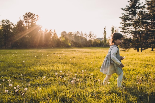 夕焼けの光で屋外の牧草地で遊ぶ幸せな陽気な小さな女の子の子供かわいいかわいい子供はドレスを着て外の公園で自然を楽しんで探索する幸せな感情幸せな母の日子供時代