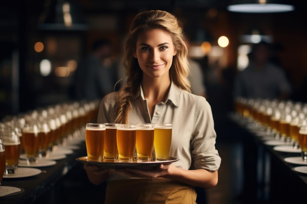 A happy cheerful waitress presents a tray laden with beer glasses showcasing her friendly demeanor and enthusiasm for service