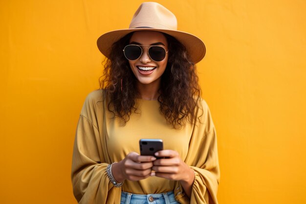 Happy cheerful young woman in hat and sunglasses