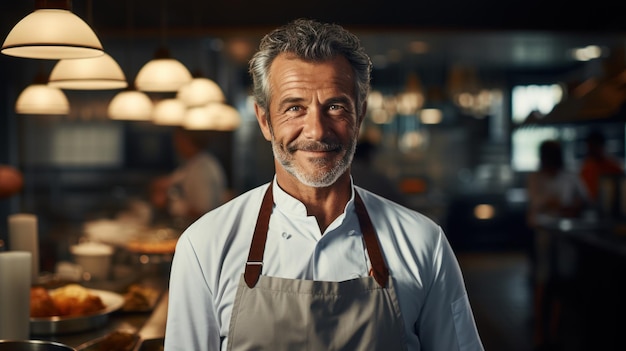 Happy Chef an adult man of a big restaurant smiling in a modern kitchen