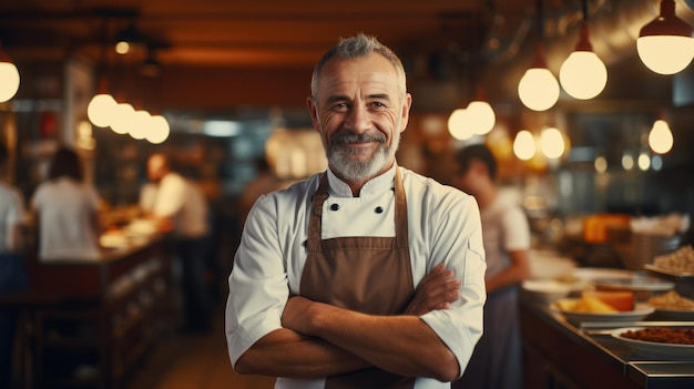 Happy Chef een volwassen man van een groot restaurant glimlachend in een moderne keuken