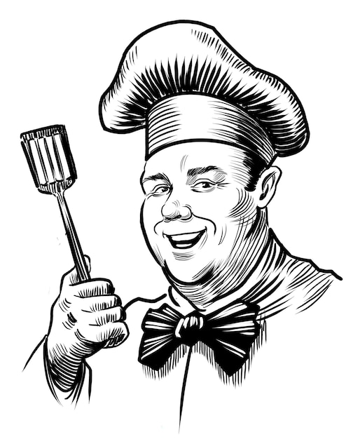 Photo happy chef handdrawn black and white drawing