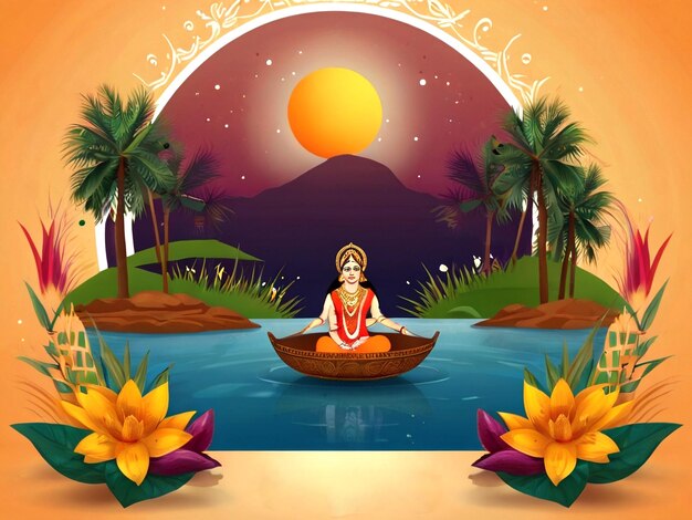 Happy chhath puja holiday card for sun festival of india landscape design