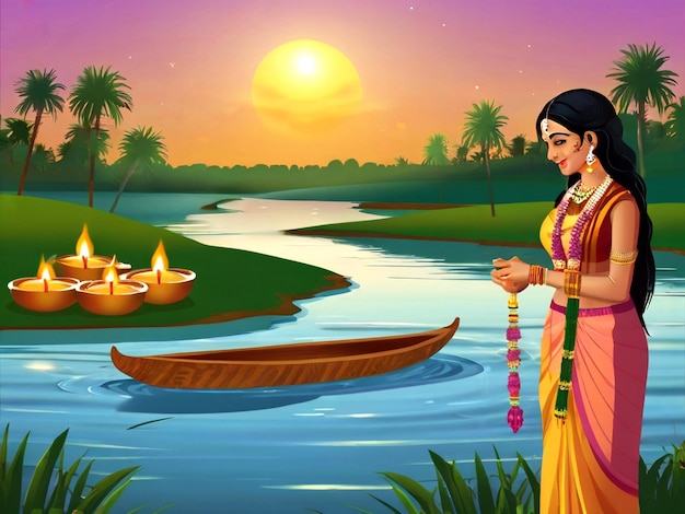 Happy Chhath puja rivier baden Indiase festival viering achtergrond vector