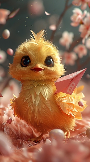 Photo happy chick flying a paper airplane made background