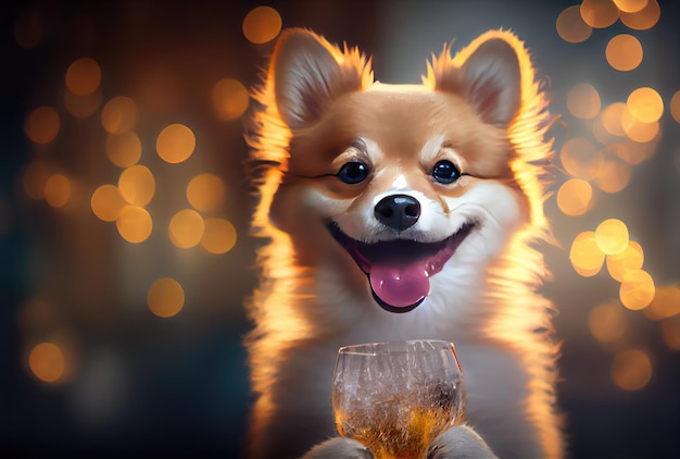 사진 파티에 구운 와인 잔을 곁들인 행복한 치와와 강아지와 황금빛 보케 밝은 배경 동물 및 애완동물 개념 디지털 아트 일러스트레이션 generative ai