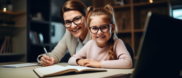 Счастливый ребенок и взрослый сидят за столом Девочка делает домашнее задание или онлайн-обучение