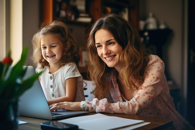 Happy child and adult are sitting at desk Girl doing homework or online education