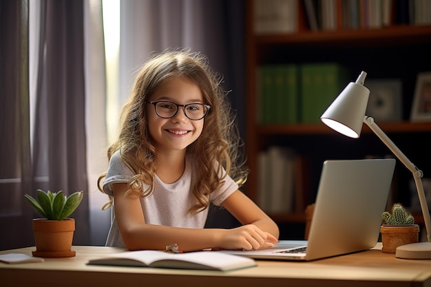 Happy child and adult are sitting at desk Girl doing homework or online education