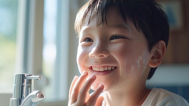 Happy child boy washes his hands and face with soap foam in the morning near the window overlooking a sunny summer day