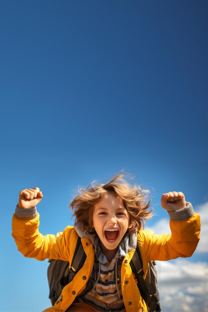 Foto bambino felice con la borsa scolastica che salta sullo sfondo del cielo blu e soleggiato torna a scuola