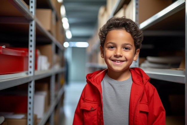 happy child boy worker on the background of shelves with boxes in the warehouse