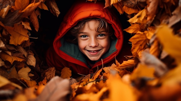 Happy Child in Bright Hoodie Playing