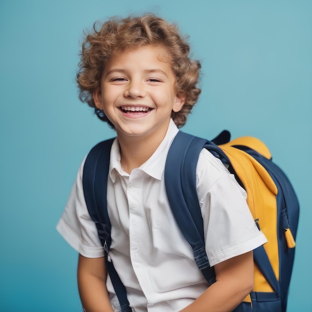 Happy child carrying his school bag on a blue background