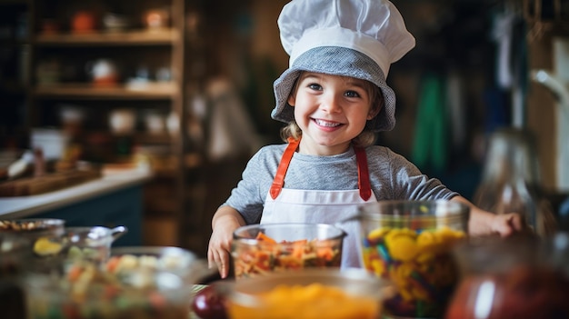 Счастливый ребенок-повар на кухне с красочными консервированными продуктами