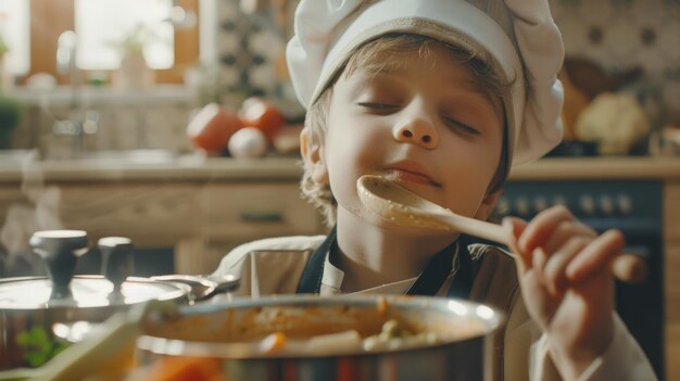 Happy Child Chef in Kitchen with Colorful Preserved Foods