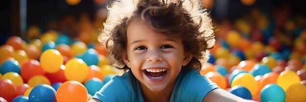 Happy child in colorful ball pit at play area vibrant joyful and playful scene for family fun