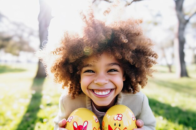 Счастливый ребенок на охоте за пасхальными яйцами в Спринг-парке