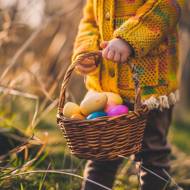 Happy Child Easter Egg Hunt with Colorful Easter Eggs