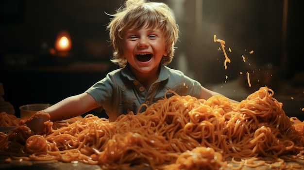 Happy child eating fresh cooked health meal with noodles Generative Ai