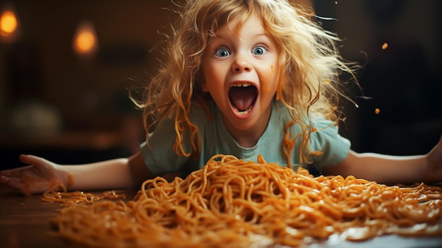 Happy child eating fresh cooked health meal with noodles Generative Ai