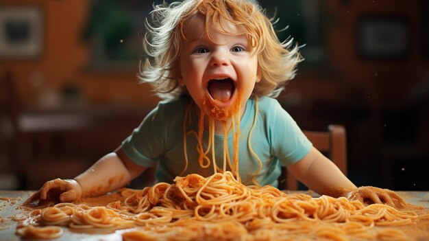 Foto bambino felice che mangia un pasto sano fresco con tagliatelle generative ai