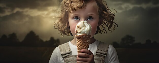 happy child eating ice cream wide panorama photo