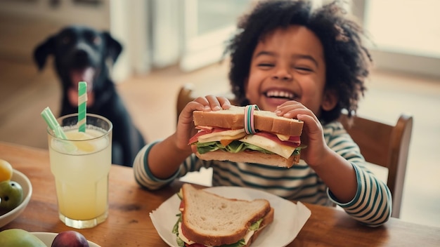 Happy child eating a sandwich