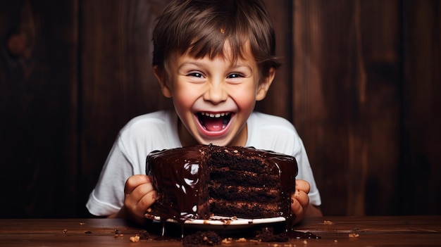 幸せな子供がチョコレートケーキを食べる