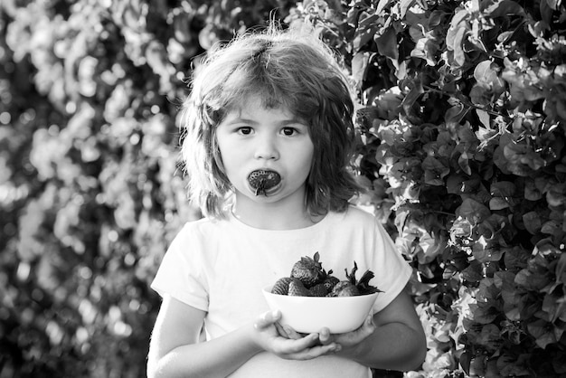 Il bambino felice mangia le fragole in estate all'aperto