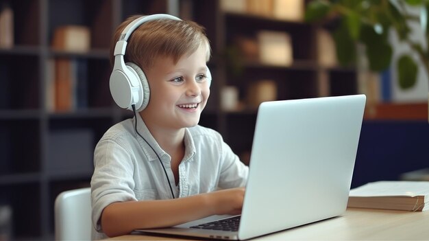 원격 학교 작업을 위한 가정 노트북 및 헤드폰에서 행복한 어린이 ELearning