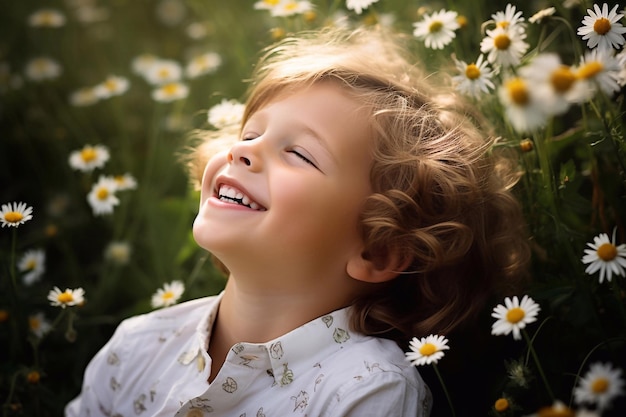 Happy child enjoying on grass field and dreaming Funny little boy with daisy in eyes Kids on gree