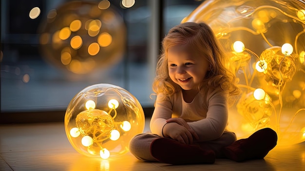 Photo happy child evening lights ai generation