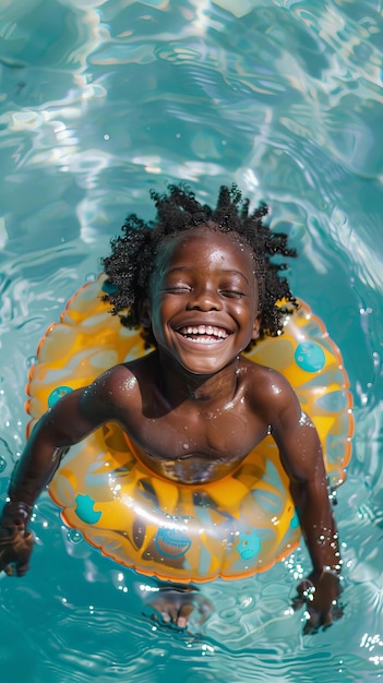 太陽の形をした膨らむリングでプールで浮かぶ幸せな子供 夏の喜びと子供時代のコンセプト