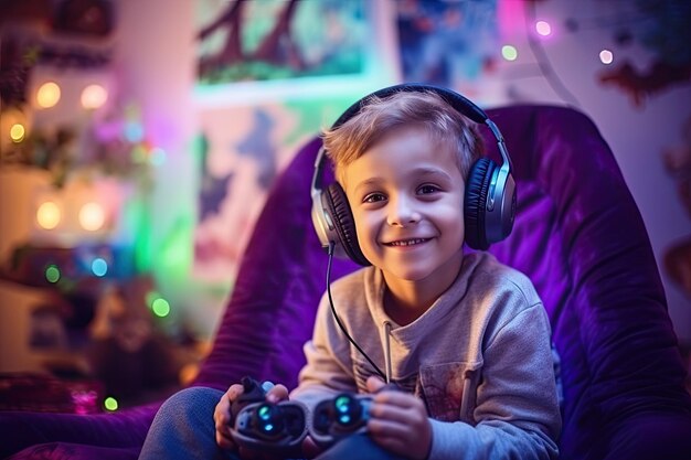 Happy child gamer in a gamer room