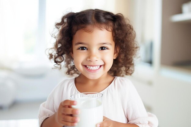 Photo happy child girl drinking yogurt