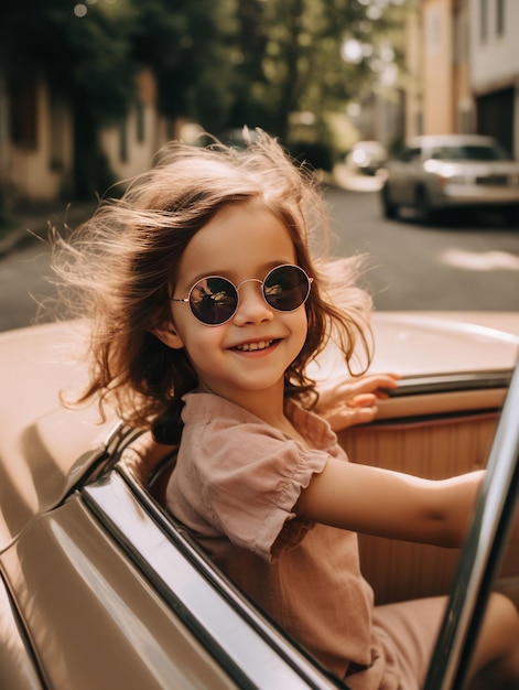 Happy child girl goes to summer travel trip in car