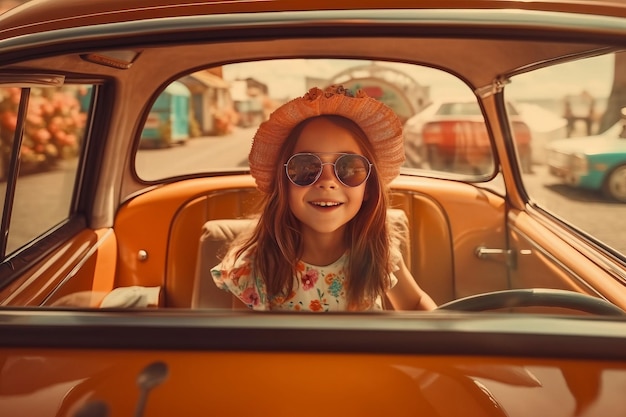 Happy child girl goes to summer travel trip in car