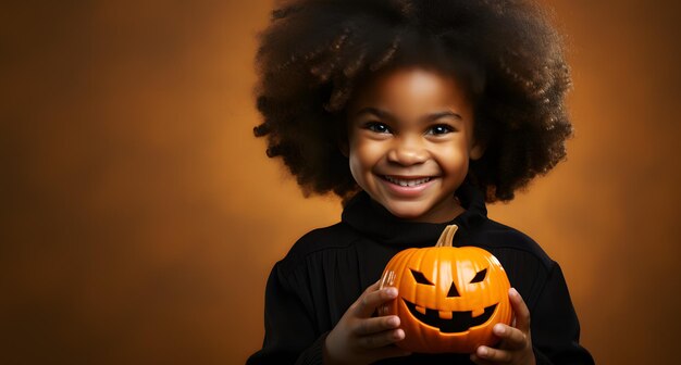 Happy child girl holding a jack o lantern pumpkin