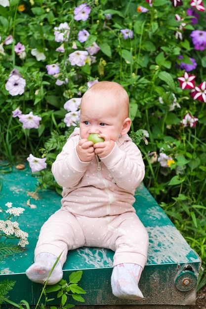Foto bambina felice con i pomodori sullo sfondo di piante verdi