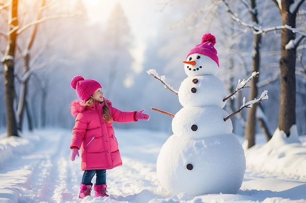 Happy child girl plaing with a snowman on a snowy winter walk
