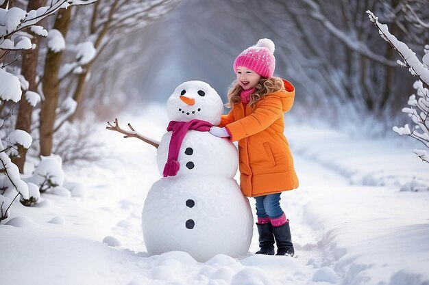 Happy child girl plaing with a snowman on a snowy winter walk